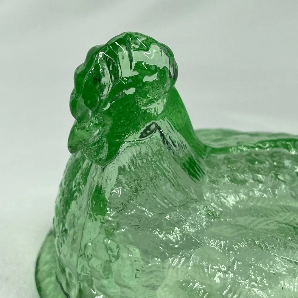 VTG LG Wright Green Glass Hen on Nest Split Tail Turned Head 6.5 Candy Dish